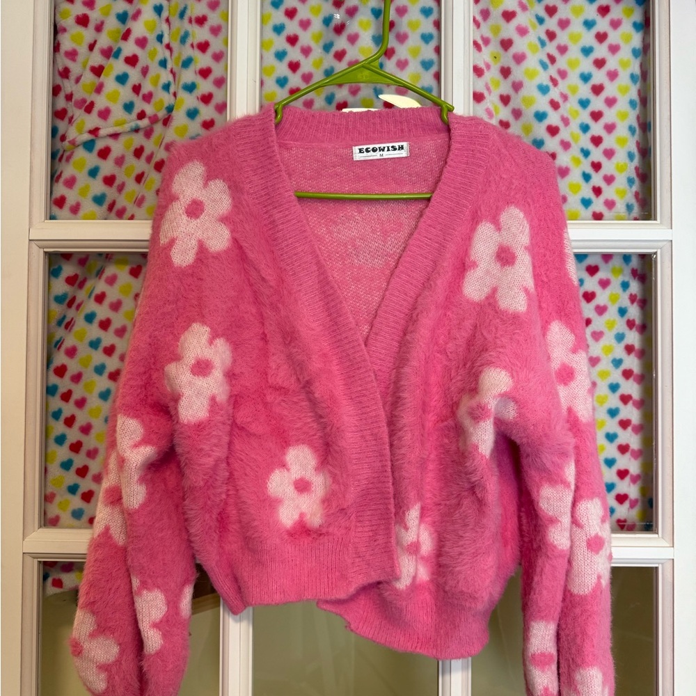 Pink Floral Fuzzy Cardigan - Ecowish Sweater